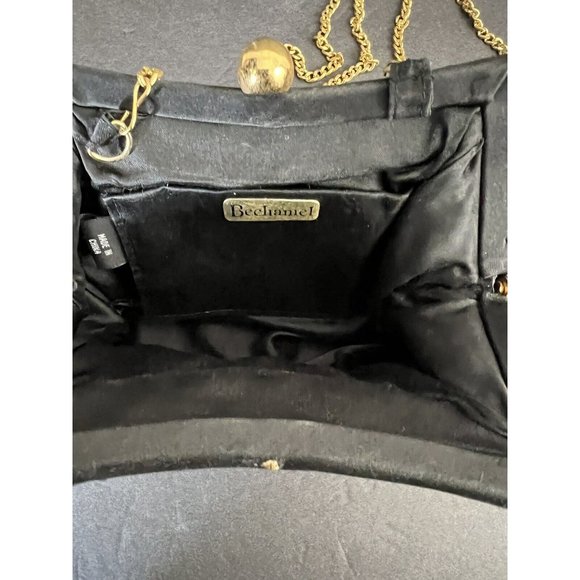 Vintage Bechamel Black Crushed Velvet Evening Bag Long Gold Tone Chain Hinged - Picture 7 of 10